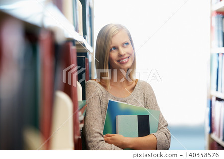 Woman, library and book, thinking about story for education and knowledge with smile on campus. College student with future, remember reading and inspiration for studying with learning material 140358576