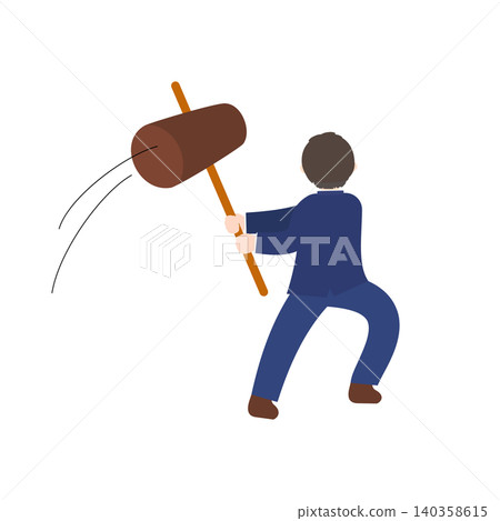 The back view of a businessman swinging a large hammer. The back view of a businessman swinging a large hammer. 140358615