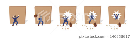 A five-panel comic strip about a businessman smashing down a wall with a hammer. A five-panel comic strip about a businessman smashing down a wall with a hammer. 140358617