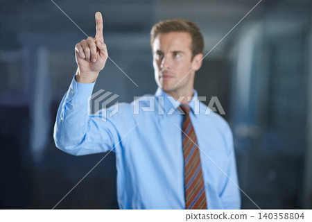 Business man, finger and digital interface for choice or press button on virtual menu in office. Touch, professional and hand gesture on screen, click and future innovation of tech for consultant 140358804