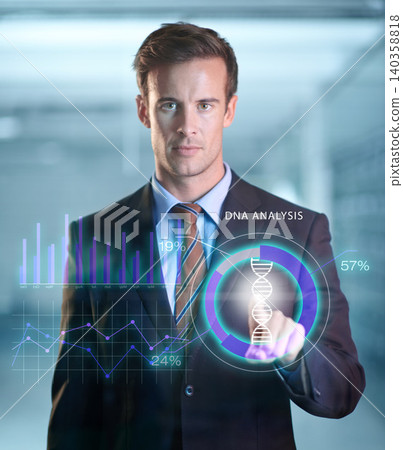 Businessman, online and portrait with futuristic hologram of dna analysis, database and information technology. Person, user experience and digital interface for corporate company with abstract tech Businessman, online and portrait with futuristic hologram of dna analysis, database and information technology. Person, user experience and digital interface for corporate company with abstract tech 140358818