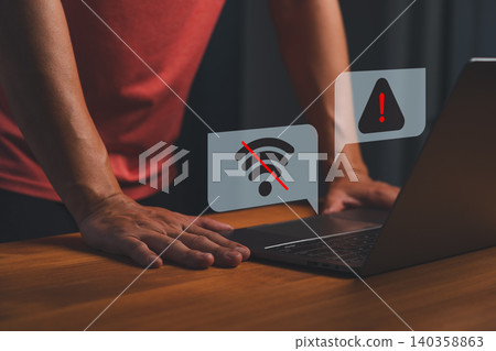 Man using laptop with warning sign and no wifi internet connection error symbol. Technology network problem, offline concept, and communication failure. Man using laptop with warning sign and no wifi internet connection error symbol. Technology network problem, offline concept, and communication failure. 140358863