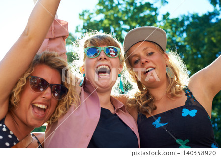 Excited, fashion and friends in nature on holiday, vacation and weekend outdoors with style. Happy, smile and face of people celebrate for festival, fun and relax on adventure, travel and trip Excited, fashion and friends in nature on holiday, vacation and weekend outdoors with style. Happy, smile and face of people celebrate for festival, fun and relax on adventure, travel and trip 140358920