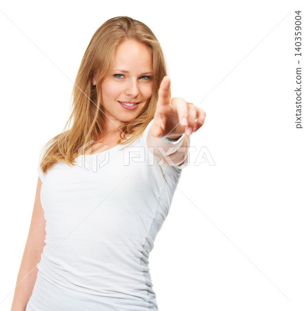 Smile, portrait and woman with hand pointing at you in studio for news, deal or info on white background. Face, happy or female model show prize, vote or competition giveaway, promotion or offer Smile, portrait and woman with hand pointing at you in studio for news, deal or info on white background. Face, happy or female model show prize, vote or competition giveaway, promotion or offer 140359004