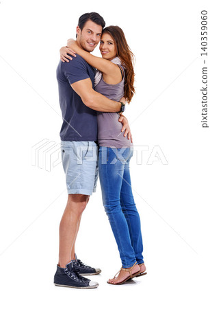 Portrait, smile and couple hug for love, romance or commitment to marriage isolated on a white studio background. Care, man and happy woman embrace for connection, support or relationship on mockup Portrait, smile and couple hug for love, romance or commitment to marriage isolated on a white studio background. Care, man and happy woman embrace for connection, support or relationship on mockup 140359060