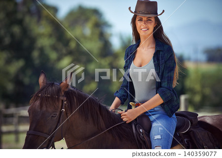 Woman, portrait and horse or countryside ranch in nature as equestrian for adventure, training or cowboy hat. Female person, saddle and western cowgirl in Texas or farm environment, outdoor or rural Woman, portrait and horse or countryside ranch in nature as equestrian for adventure, training or cowboy hat. Female person, saddle and western cowgirl in Texas or farm environment, outdoor or rural 140359077