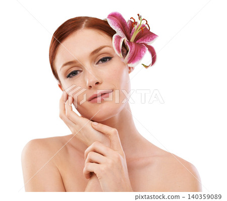 Beauty, flower and portrait of woman in studio with natural, organic and skincare routine for wellness. Cosmetic, glow and person with floral plant for face dermatology treatment by white background. Beauty, flower and portrait of woman in studio with natural, organic and skincare routine for wellness. Cosmetic, glow and person with floral plant for face dermatology treatment by white background. 140359089
