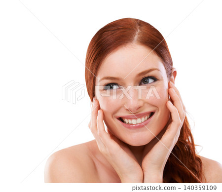 Studio, happy model and skincare with red hair for beauty and foundation with collagen or cosmetology. Young woman, smile and glow of dermatology with make up and facial treatment by white background Studio, happy model and skincare with red hair for beauty and foundation with collagen or cosmetology. Young woman, smile and glow of dermatology with make up and facial treatment by white background 140359109