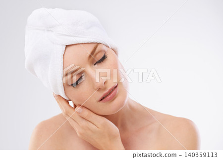 Woman, relax and peace from skincare with beauty and healthy dermatology in studio background. Calm, girl and model with glow or shine on skin from facial, cosmetics or benefits of self care and rest Woman, relax and peace from skincare with beauty and healthy dermatology in studio background. Calm, girl and model with glow or shine on skin from facial, cosmetics or benefits of self care and rest 140359113