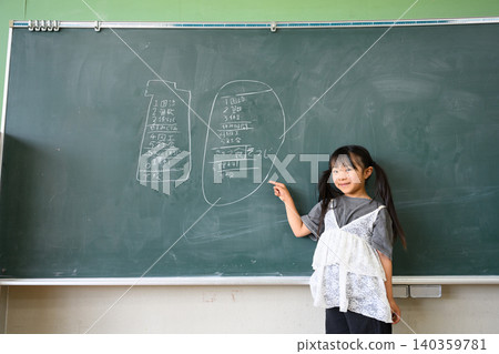 一名小學生指著教室黑板上的課表,臉上露出笑容。 一名小學生指著教室黑板上的課表,臉上露出笑容。 140359781