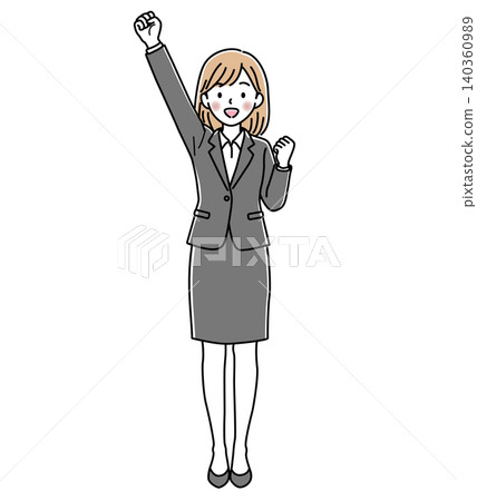 Vector illustration of a female office worker (full body) raising one hand in cheering. Vector illustration of a female office worker (full body) raising one hand in cheering. 140360989