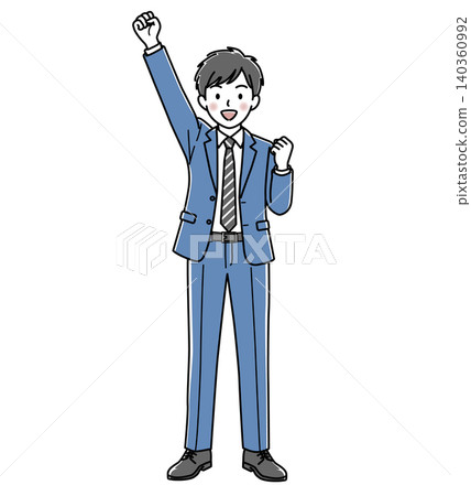 Vector illustration of a male office worker (full body) raising one hand in cheering. 140360992