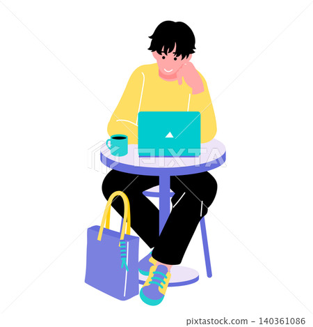 一位年輕男子在咖啡館裡使用筆記型電腦的插圖；自由工作者，遠距工作，面帶微笑。 140361086