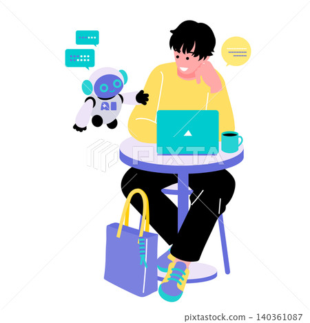 一幅插圖，描繪了一名男子在咖啡館裡使用筆記型電腦與人工智慧機器人互動；該插圖由人工智慧生成。 140361087