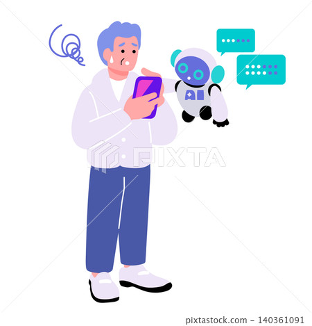 一幅插圖,描繪了一名男子因與人工智慧機器人互動而感到困惑的情景。 (人工智慧生成、故障、無法使用) 一幅插圖,描繪了一名男子因與人工智慧機器人互動而感到困惑的情景。 (人工智慧生成、故障、無法使用) 140361091