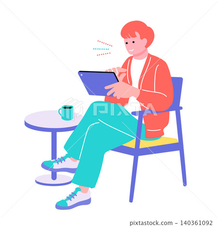 一幅描繪男子坐在椅子上使用平板電腦的插圖。主題包括:微笑、放鬆、數位和咖啡館。 一幅描繪男子坐在椅子上使用平板電腦的插圖。主題包括:微笑、放鬆、數位和咖啡館。 140361092