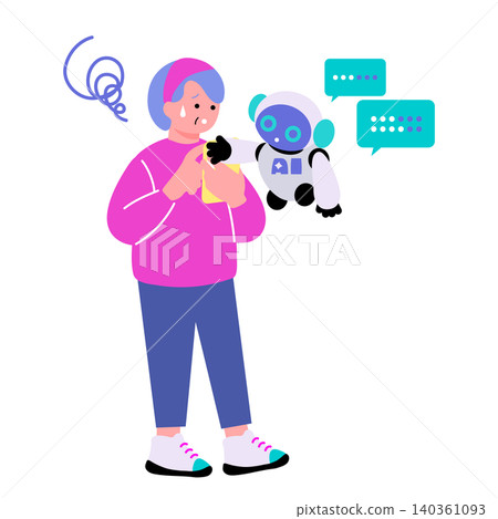 一幅插圖，描繪了一位老年女性因與人工智慧機器人互動而感到困惑的情景。 （關鍵字：生成式人工智慧、數位落差、老年人） 140361093