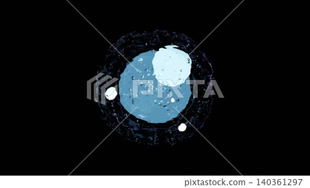 一幅抽象的藍色水滴和漣漪漂浮在黑色背景上的3D影像。 140361297
