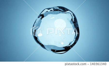A 3D object of transparent water droplets floating on a blue background; an abstract liquid graphic. A 3D object of transparent water droplets floating on a blue background; an abstract liquid graphic. 140361340