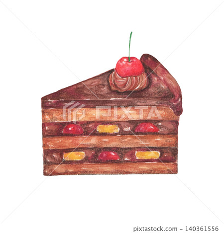 Chocolate cake topped with cherries / Hand-drawn 140361556