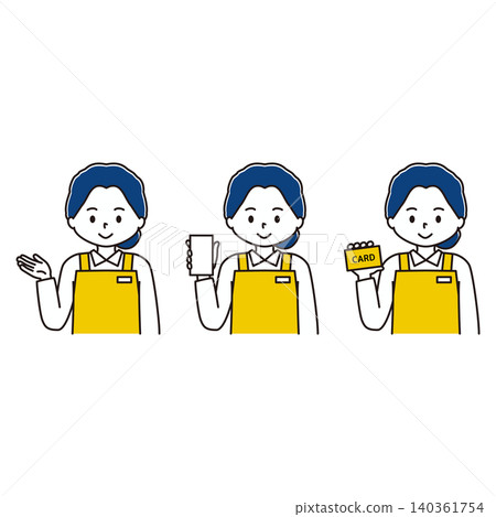 一組插圖,描繪了一位身穿圍裙的女士,她手持指南、智慧型手機和卡片。 一組插圖,描繪了一位身穿圍裙的女士,她手持指南、智慧型手機和卡片。 140361754