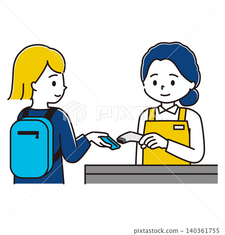 插圖描繪了一位身穿圍裙的女店員在收銀台為顧客服務,以及一位背著背包的女士。 插圖描繪了一位身穿圍裙的女店員在收銀台為顧客服務,以及一位背著背包的女士。 140361755