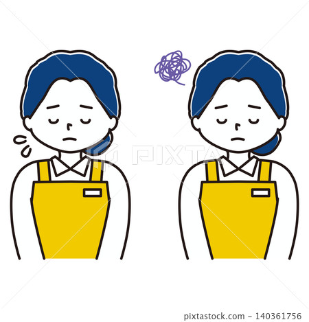 A set of illustrations of a woman in an apron bowing with a troubled expression. A set of illustrations of a woman in an apron bowing with a troubled expression. 140361756
