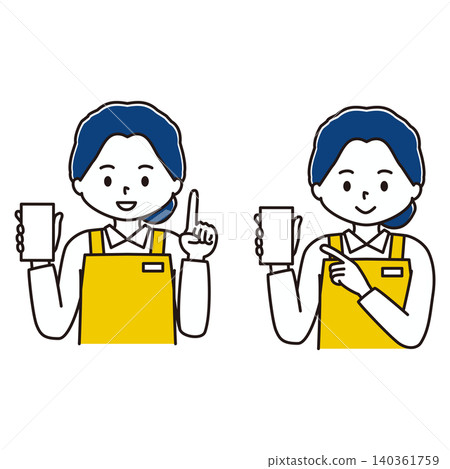 A set of illustrations of a woman in an apron holding a smartphone. A set of illustrations of a woman in an apron holding a smartphone. 140361759