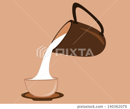 Milk pouring from coffee pot into ceramic bowl on a plate, pastel brown background Milk pouring from coffee pot into ceramic bowl on a plate, pastel brown background 140362078