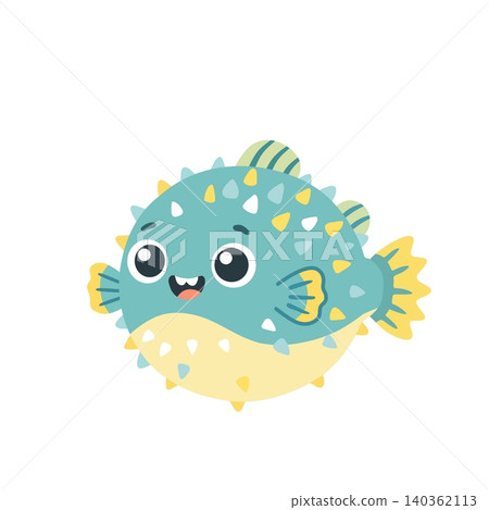 Cute cartoon puffer fish illustration with big eyes and playful expression. Colorful marine animal character isolated on a light background, perfect for kids, education, and nursery designs Cute cartoon puffer fish illustration with big eyes and playful expression. Colorful marine animal character isolated on a light background, perfect for kids, education, and nursery designs 140362113