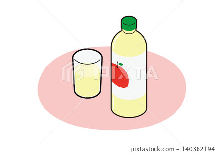 A pink mat with a plastic bottle of apple juice and a glass (with outlines). A pink mat with a plastic bottle of apple juice and a glass (with outlines). 140362194
