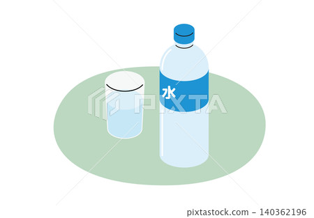 A water bottle and a glass (without outlines) on a green mat. A water bottle and a glass (without outlines) on a green mat. 140362196