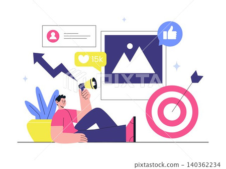 Influencer Marketing Illustration Featuring Social Media Promotion, Brand Endorsement, Digital Advertising, Audience, and Online Growth Strategy Influencer Marketing Illustration Featuring Social Media Promotion, Brand Endorsement, Digital Advertising, Audience, and Online Growth Strategy 140362234