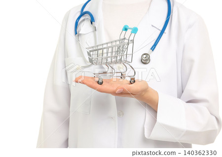 Doctor shows a shopping cart in a medical setting, isolated, PNG Doctor shows a shopping cart in a medical setting, isolated, PNG 140362330