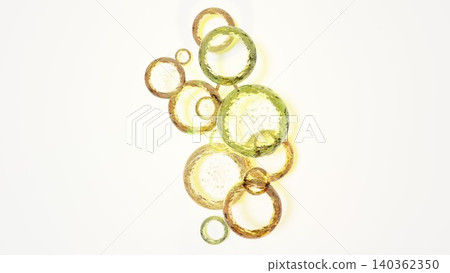 3D abstract object of golden water droplets and rings; graphic material of liquid with bubbles. 3D abstract object of golden water droplets and rings; graphic material of liquid with bubbles. 140362350