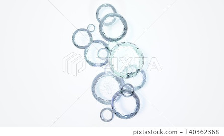 3D abstract object of blue water droplets and rings, graphic material of liquid with bubbles. 3D abstract object of blue water droplets and rings, graphic material of liquid with bubbles. 140362368