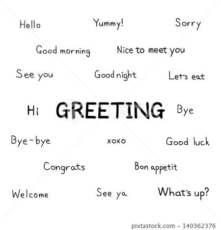 Simple and cute hand-drawn style English conversation messages and greeting logos 140362376