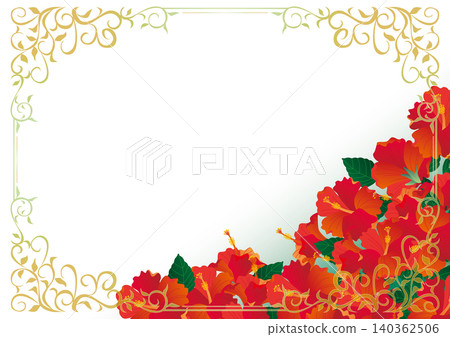 Background material <Floral calligraphy frame, decorative border, decorative line, summer, hibiscus, horizontal orientation> 140362506