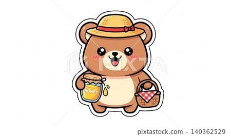 Cute bear holding a honey jar and a picnic basket with character illustration whimsical adorable Cute bear holding a honey jar and a picnic basket with character illustration whimsical adorable 140362529