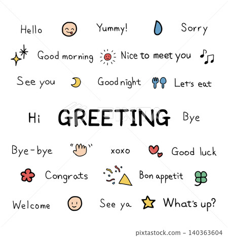 Simple and easy-to-use handwritten-style English conversation messages and colorful emoji logos Simple and easy-to-use handwritten-style English conversation messages and colorful emoji logos 140363604
