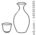 清酒瓶和清酒杯的線條插畫 140363895