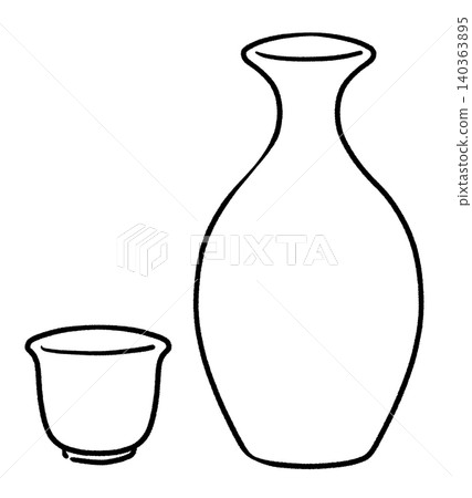 Line art illustration of a sake bottle and sake cups Line art illustration of a sake bottle and sake cups 140363895