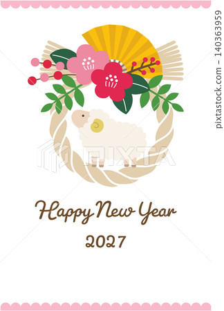 New Year's card template for the Year of the Sheep, 2027. Features sheep, cute designs, auspicious symbols, vector graphics, and shimenawa (sacred rope). 140363959