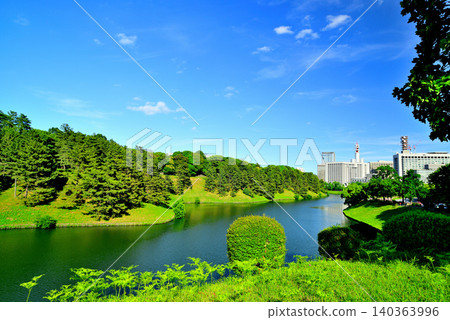 Tokyo: View of Sakurada Moat and the skyscrapers of Kasumigaseki from Chidorigafuchi Greenway 140363996