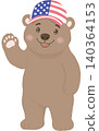 Cute brown bear wearing an American flag cap and waving happily, celebrating Independence Day with patriotic pride.  140364153