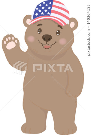 Cute brown bear wearing an American flag cap and waving happily, celebrating Independence Day with patriotic pride. Cute brown bear wearing an American flag cap and waving happily, celebrating Independence Day with patriotic pride. 140364153