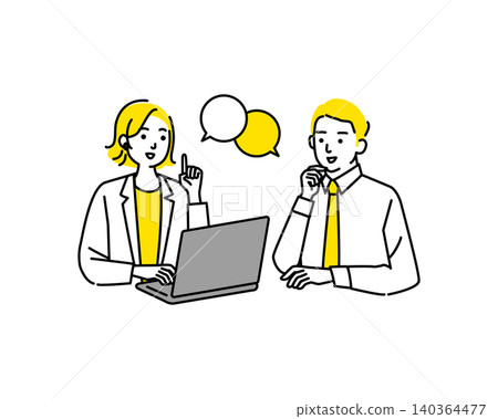 A young man and woman are talking while operating their computers. 140364477
