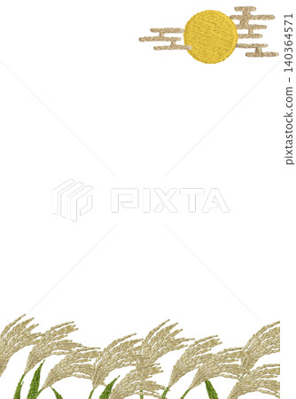 [Vertical frame of pampas grass and moon] Hand-embroidered illustration material 140364571