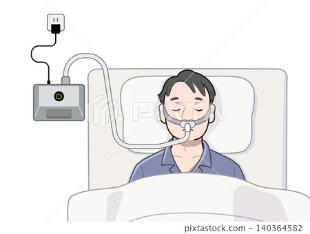一名男子戴著鼻罩式呼吸器睡覺。 一名男子戴著鼻罩式呼吸器睡覺。 140364582