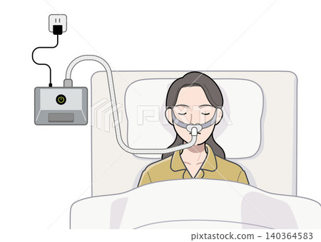 一名女子戴著鼻罩式呼吸器睡覺。 一名女子戴著鼻罩式呼吸器睡覺。 140364583